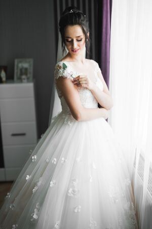 Gorgeous bride in robe posing and preparing for the wedding ceremony face in a room