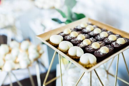 Delicious wedding reception candy bar dessert tableの写真素材