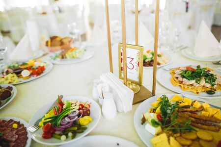 Interior of a restaurant prepared for wedding ceremonyの写真素材