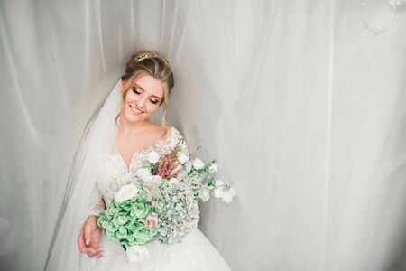 Beautiful bride wearing fashion wedding dress with feathers with luxury delight make-up and hairstyle, studio indoor photo shootの写真素材