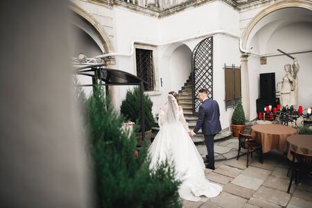 A loving wedding couple are walking back along the streets of the city of Lviv.の写真素材