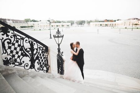 Perfect couple bride, groom posing and kissing in their wedding day.の写真素材