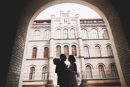 Lovely happy wedding couple, bride with long white dress.の写真素材
