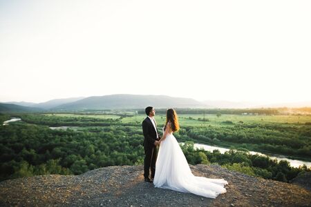 Wedding couple holding hands, groom and bride together on wedding dayの写真素材
