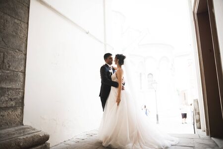 Beautiful bride and groom embracing and kissing on their wedding day outdoorsの写真素材