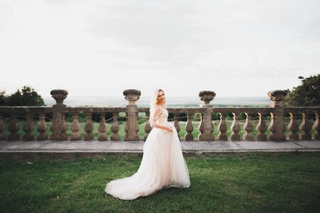 Beautiful fashion bride in wedding dress posingの写真素材