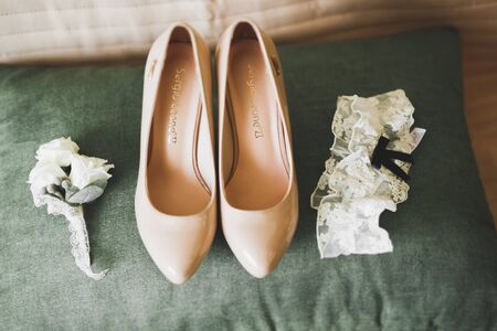 White stylish wedding shoes for bride. Close-upの写真素材