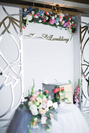 Interior of a restaurant prepared for wedding ceremony.の写真素材
