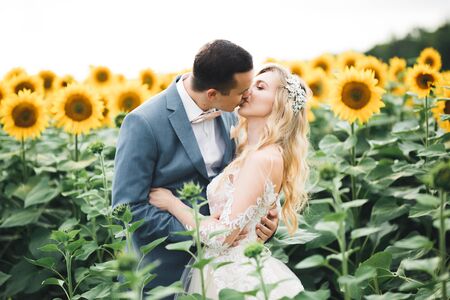 Beautiful bride and groom embracing and kissing on their wedding day outdoorsの写真素材