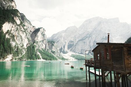 Braies Lake in Dolomites mountains, Sudtirol, Italy. Lago di Braies.の写真素材
