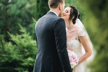 Beautiful bride and groom embracing and kissing on their wedding day outdoors