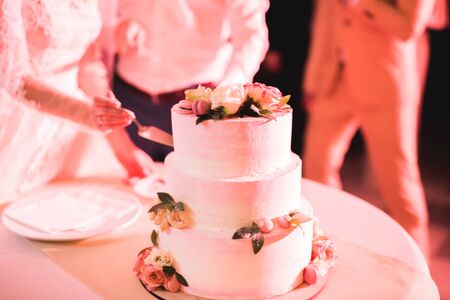 Bride and groom at wedding cutting the wedding cake.の写真素材