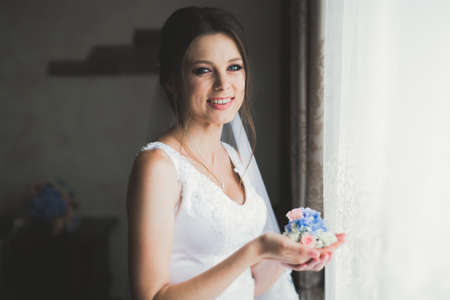 Beautiful bride wearing fashion wedding dress with feathers with luxury delight make-up and hairstyle, studio indoor photo shootの写真素材