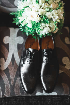 Set of mans fashion shoes and accessories.の写真素材