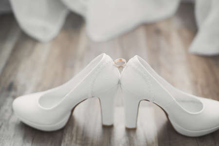 White stylish wedding shoes for bride. Close-upの写真素材