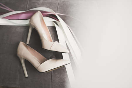 White stylish wedding shoes for bride. Close-upの写真素材