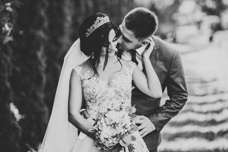 Happy wedding couple walking in a botanical parkの写真素材