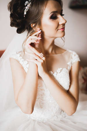 Gorgeous bride in robe posing and preparing for the wedding ceremony face in a roomの写真素材