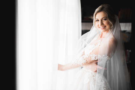 Luxury bride in white dress posing while preparing for the wedding ceremony