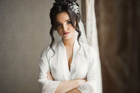 Gorgeous bride in robe posing and preparing for the wedding ceremony face in a roomの写真素材