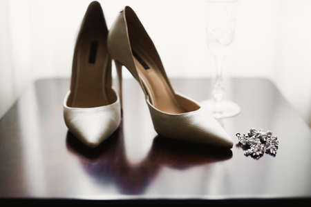 Pair of elegant and stylish bridal shoesの写真素材