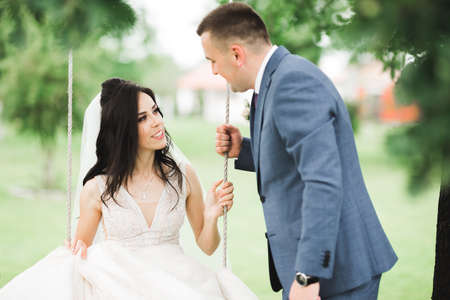 Man pushing his newlywed wife on a swingの写真素材