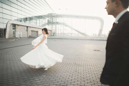Wedding couple bride and groom holding handsの写真素材