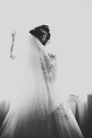 Beautiful bride wearing fashion wedding dress with feathers with luxury delight make-up and...