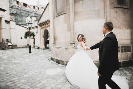 Luxury married wedding couple, bride and groom posing in old cityの写真素材