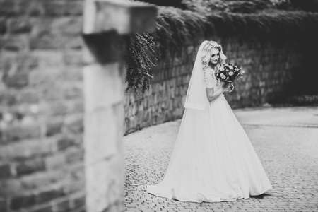 Beautiful luxury young bride in wedding dress posing in parkの写真素材