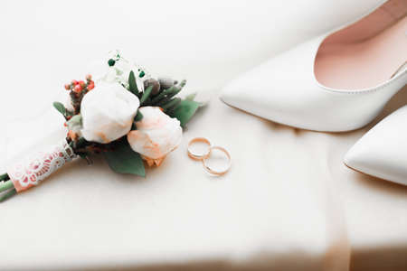 White stylish wedding shoes for bride. Close-upの写真素材