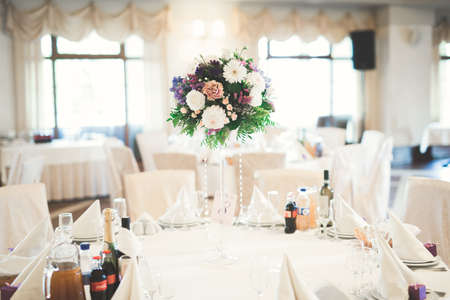 Interior of a restaurant prepared for wedding ceremonyの写真素材