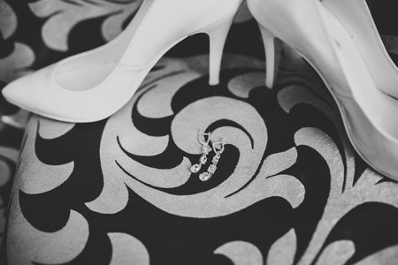White stylish wedding shoes for bride. Close-upの写真素材
