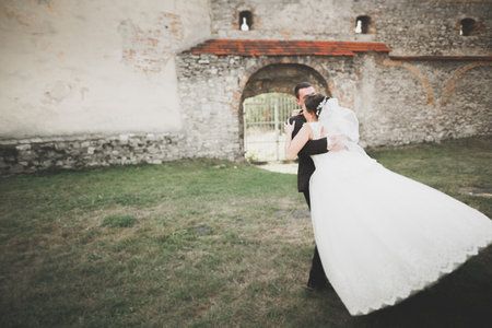 Beautiful romantic wedding couple of newlyweds hugging near old castleの写真素材