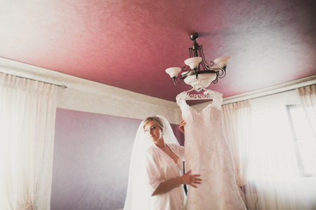 Portrait of beautiful bride with fashion veil at wedding morningの写真素材