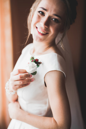 Beautiful bride wearing fashion wedding dress with feathers with luxury delight make-up and hairstyle, studio indoor photo shootの写真素材