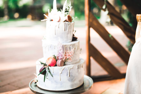 Luxury decorated wedding cake on the tableの写真素材