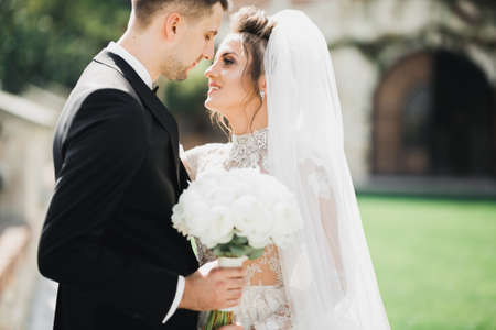 Beautiful romantic wedding couple of newlyweds hugging in parkの写真素材