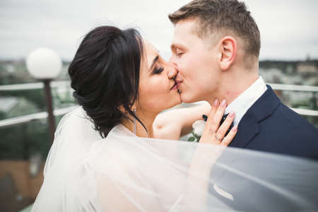 Beautiful bride and groom embracing and kissing on their wedding day outdoorsの写真素材