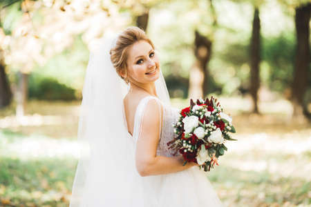 Beauty portrait of bride wearing fashion wedding dress with feathers with luxury delight make-up and hairstyleの写真素材
