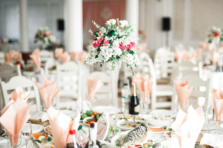 Interior of a restaurant prepared for wedding ceremonyの写真素材