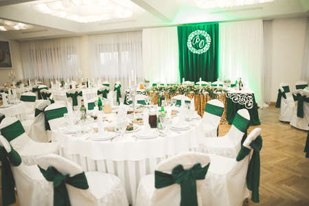 Interior of a restaurant prepared for wedding ceremonyの写真素材