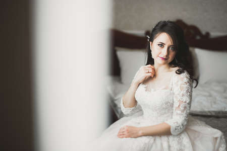 Portrait of beautiful bride with fashion veil at wedding morningの写真素材