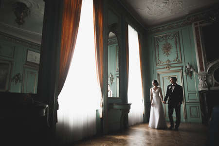 Lovely happy wedding couple, bride with long white dressの写真素材