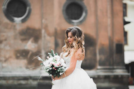 Beautiful luxury bride in elegant white dressの写真素材