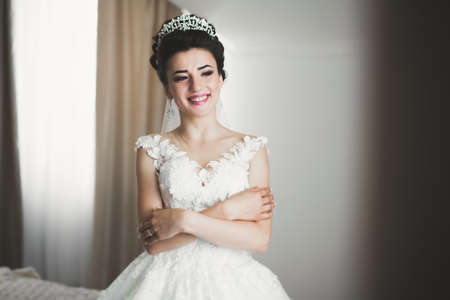 Luxury bride in white dress posing while preparing for the wedding ceremonyの写真素材