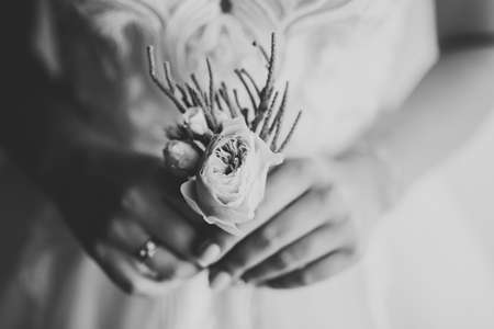 Portrait of stunning bride with long hair posing with great bouquetの写真素材