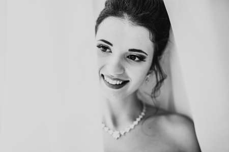 Luxury bride in white dress posing while preparing for the wedding ceremonyの写真素材