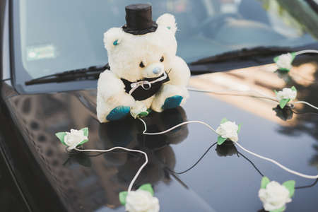 Wedding car decorated with beautiful, luxury flowersの写真素材
