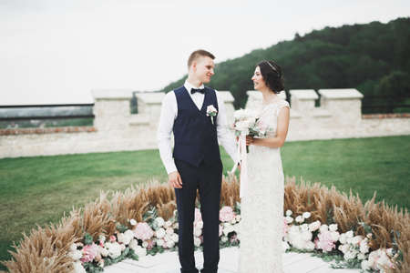 Luxury married wedding couple, bride and groom posing in old cityの写真素材